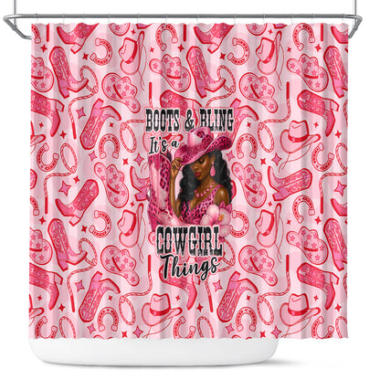 Black Cowgirl Shower Curtain Boots And Bling - Pink Leopard Western Diva Melanin