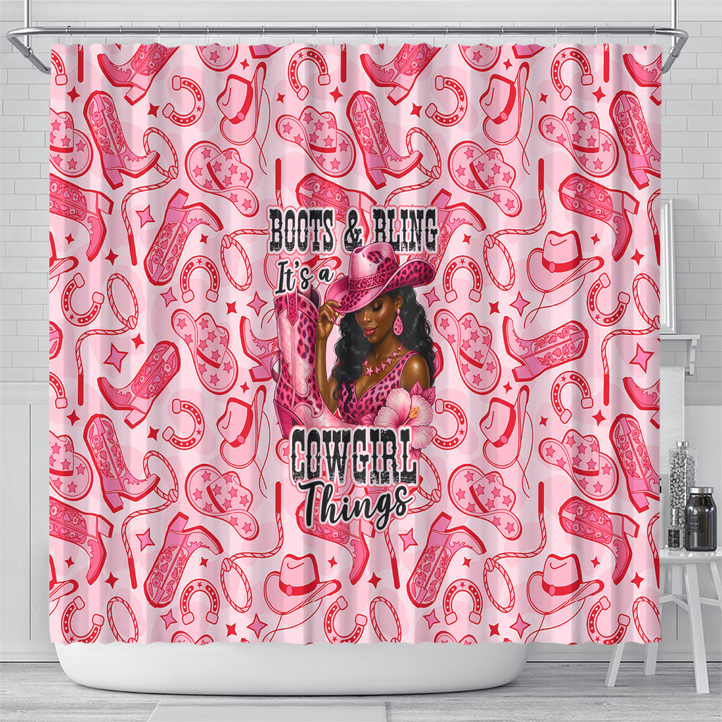 Black Cowgirl Shower Curtain Boots And Bling - Pink Leopard Western Diva Melanin