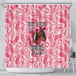 Black Cowgirl Shower Curtain Boots And Bling - Pink Leopard Western Diva Melanin