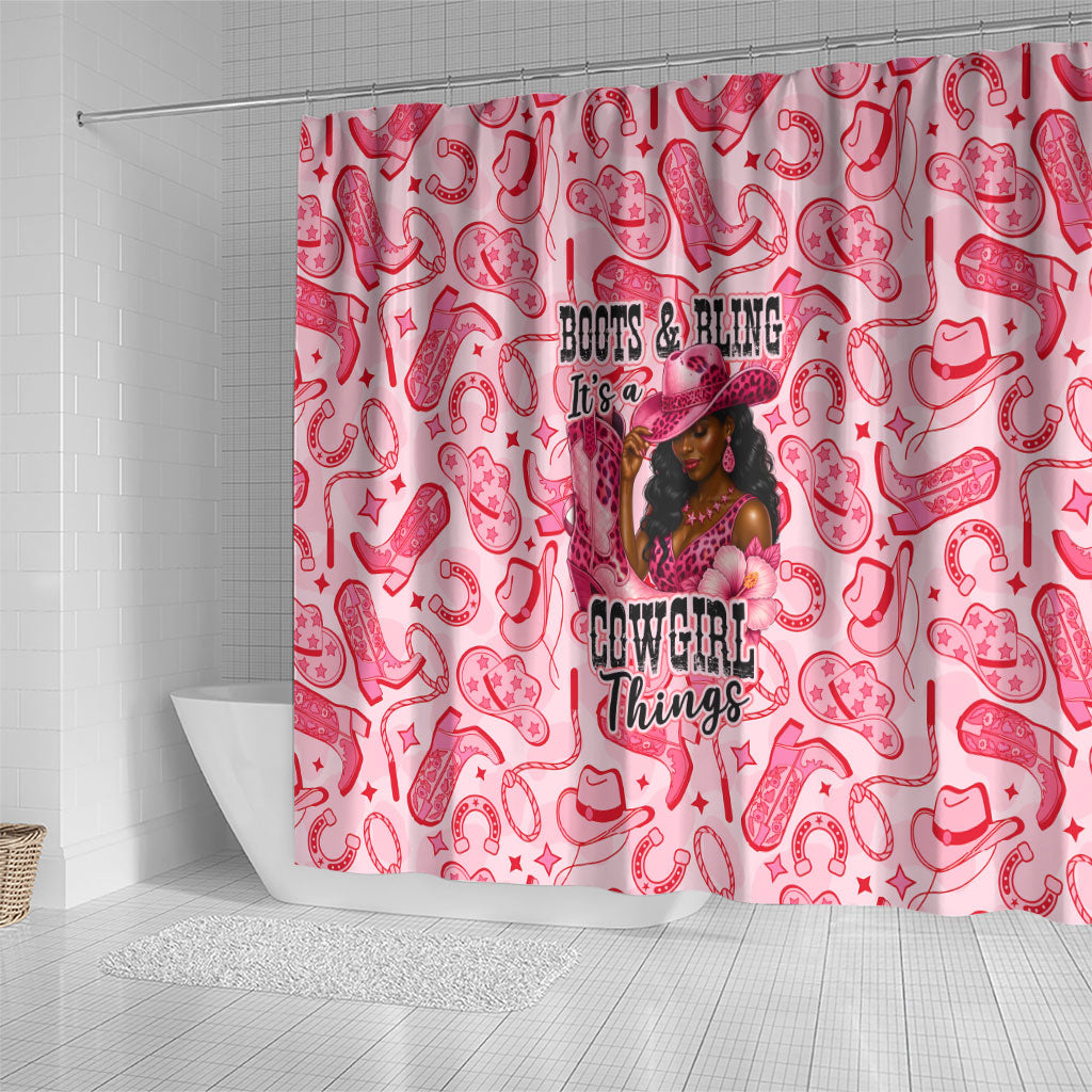 Black Cowgirl Shower Curtain Boots And Bling - Pink Leopard Western Diva Melanin