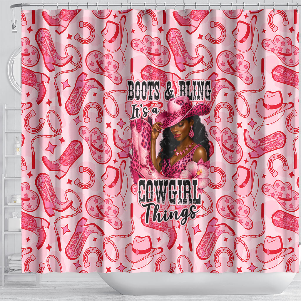 Black Cowgirl Shower Curtain Boots And Bling - Pink Leopard Western Diva Melanin