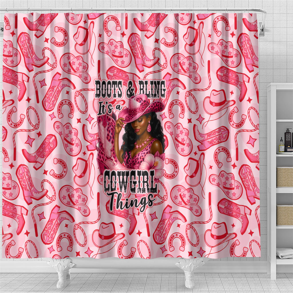 Black Cowgirl Shower Curtain Boots And Bling - Pink Leopard Western Diva Melanin