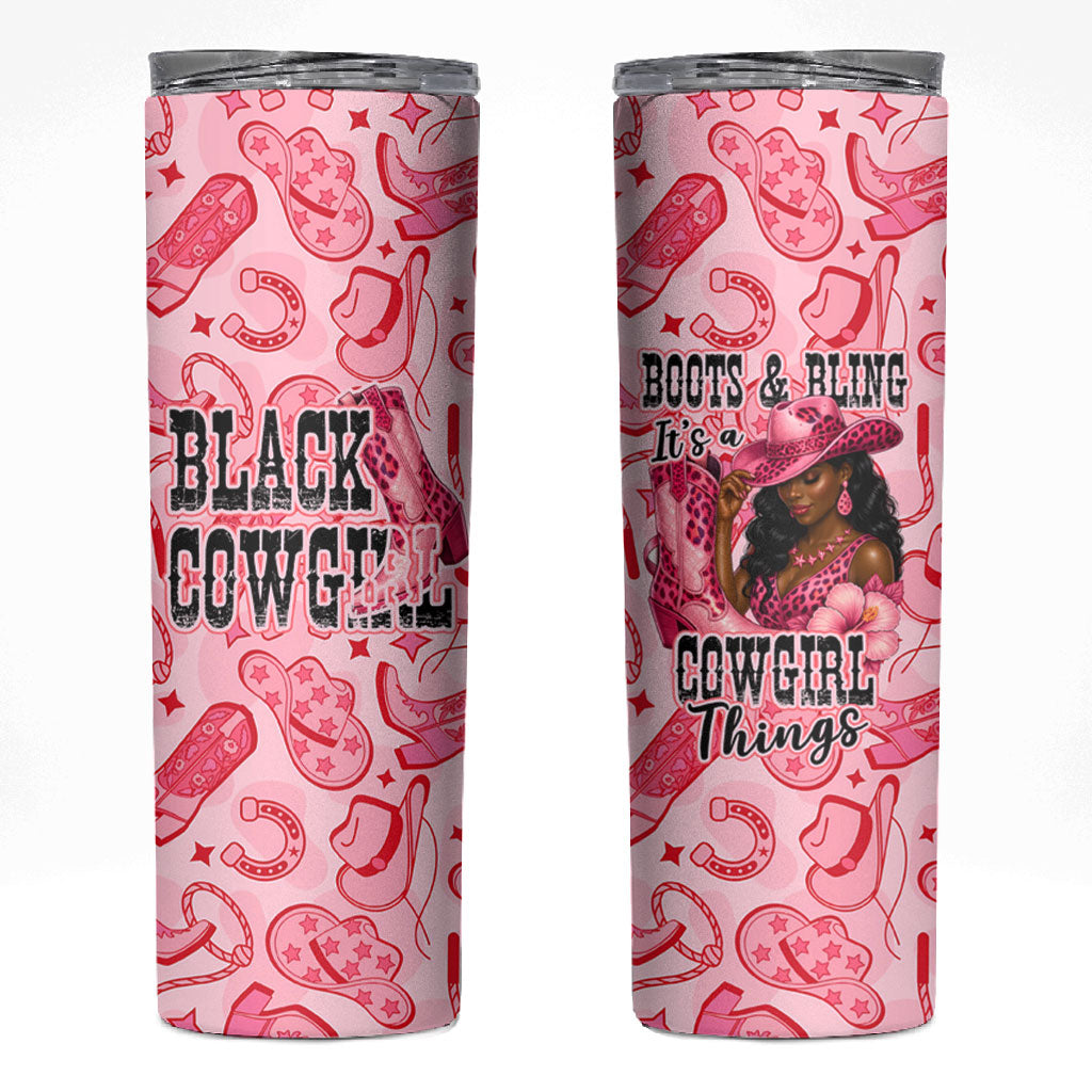 Black Cowgirl Skinny Tumbler Boots And Bling - Pink Leopard Western Diva Melanin
