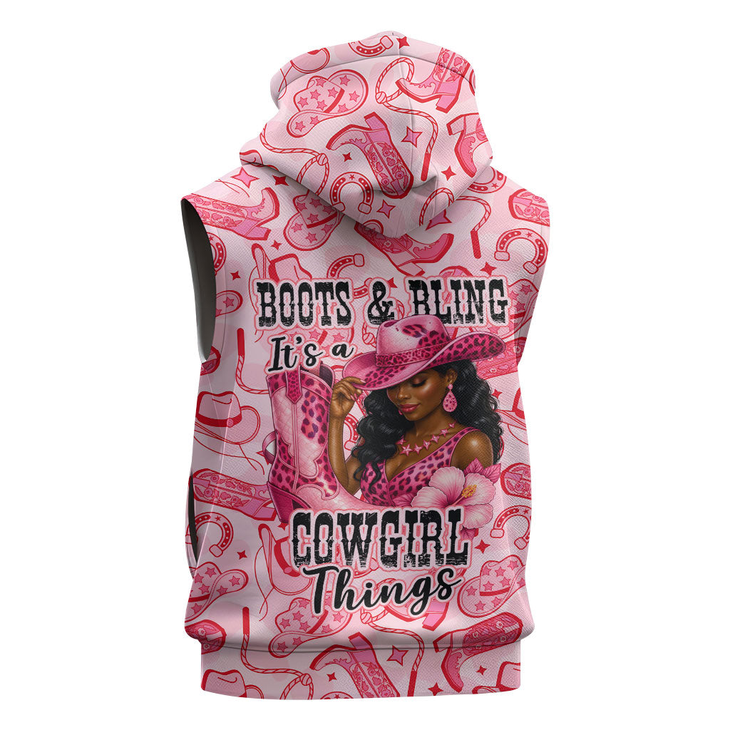 Black Cowgirl Sleeveless Hoodie Boots And Bling - Pink Leopard Western Diva Melanin