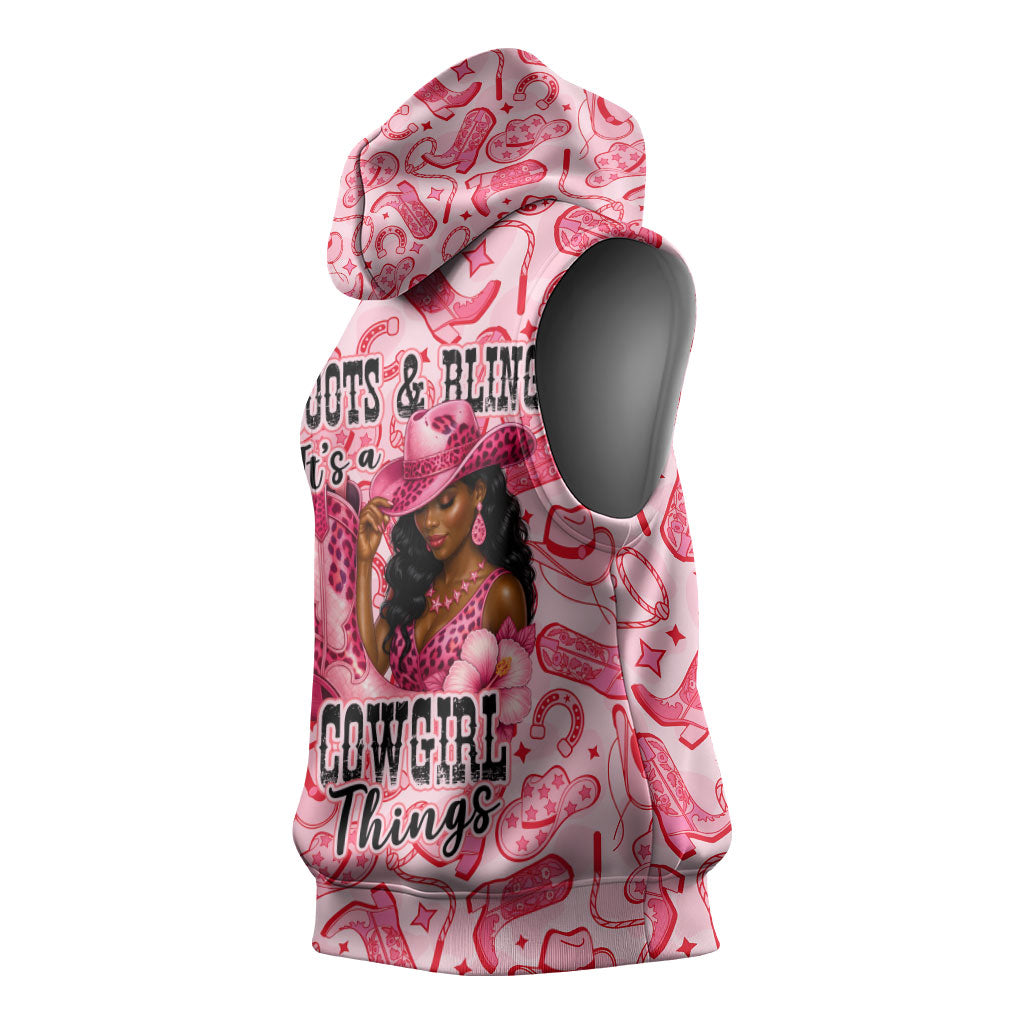 Black Cowgirl Sleeveless Hoodie Boots And Bling - Pink Leopard Western Diva Melanin
