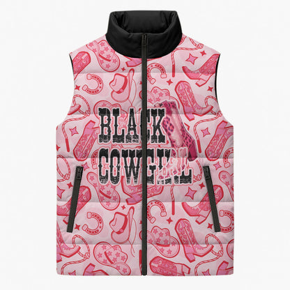 Black Cowgirl Sleeveless Puffer Jacket Boots And Bling - Pink Leopard Western Diva Melanin