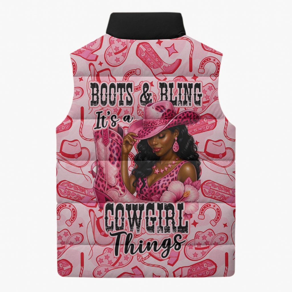 Black Cowgirl Sleeveless Puffer Jacket Boots And Bling - Pink Leopard Western Diva Melanin