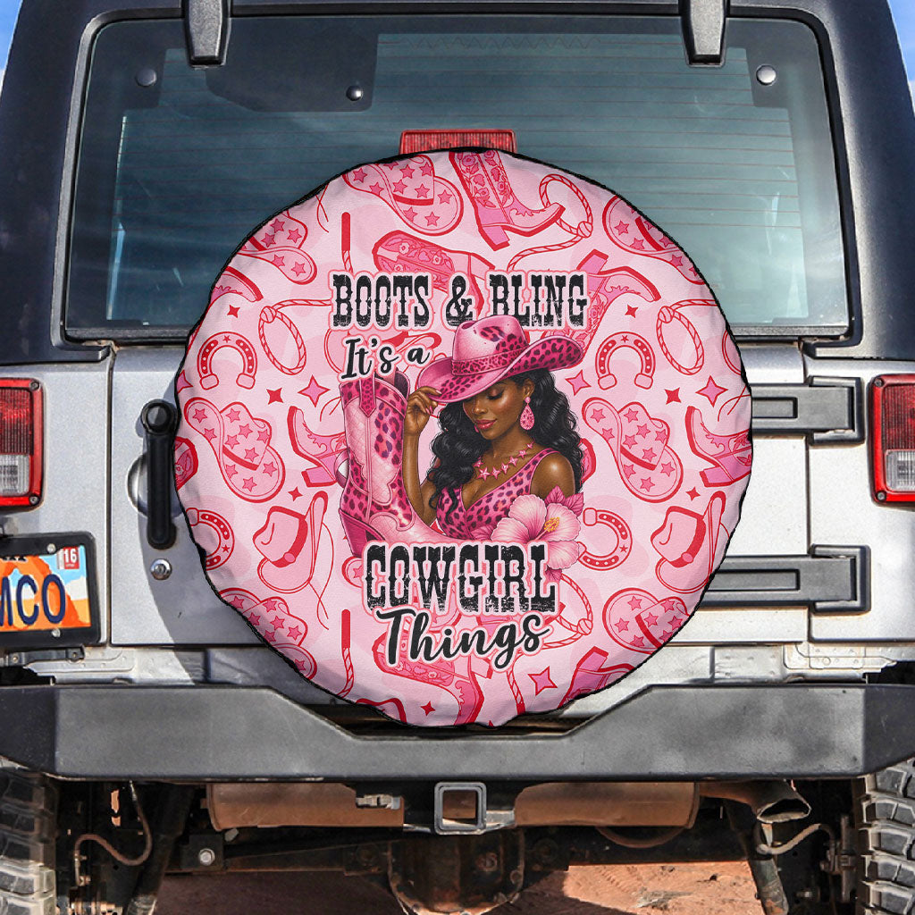 Black Cowgirl Spare Tire Cover Boots And Bling - Pink Leopard Western Diva Melanin