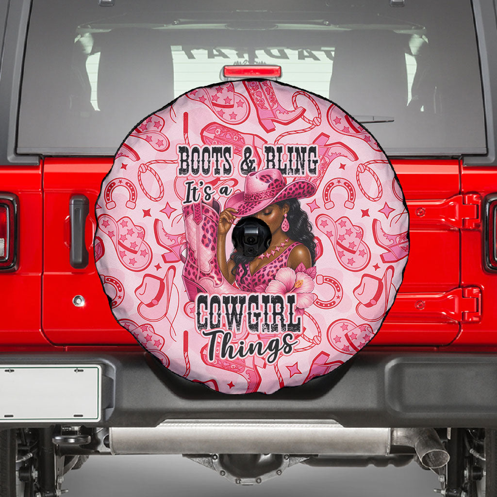 Black Cowgirl Spare Tire Cover Boots And Bling - Pink Leopard Western Diva Melanin