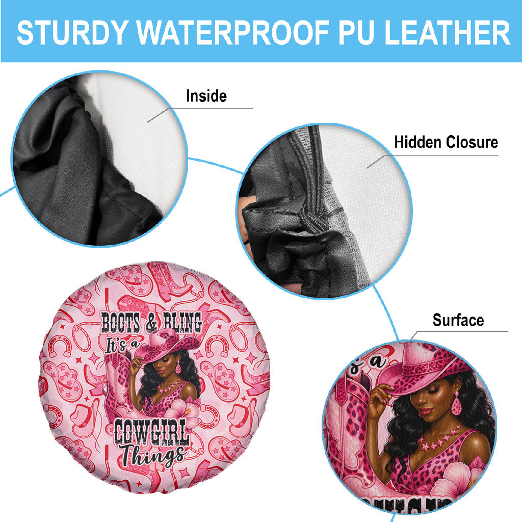 Black Cowgirl Spare Tire Cover Boots And Bling - Pink Leopard Western Diva Melanin