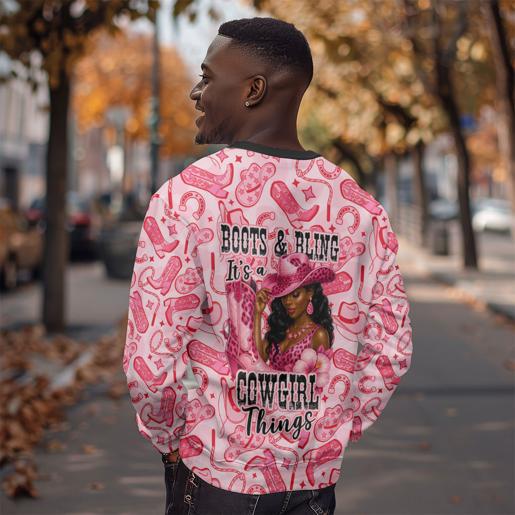 Black Cowgirl Sweatshirt Boots And Bling - Pink Leopard Western Diva Melanin