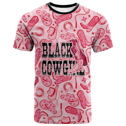 Black Cowgirl T shirt Boots And Bling - Pink Leopard Western Diva Melanin