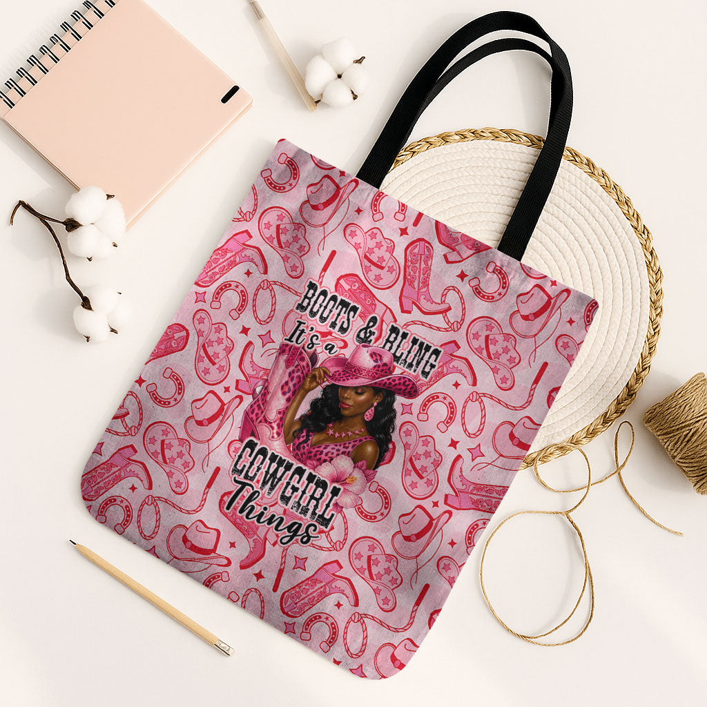 Black Cowgirl Tote Bag Boots And Bling - Pink Leopard Western Diva Melanin