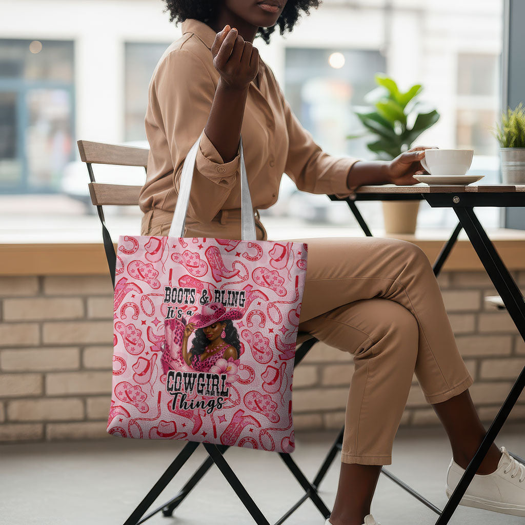 Black Cowgirl Tote Bag Boots And Bling - Pink Leopard Western Diva Melanin