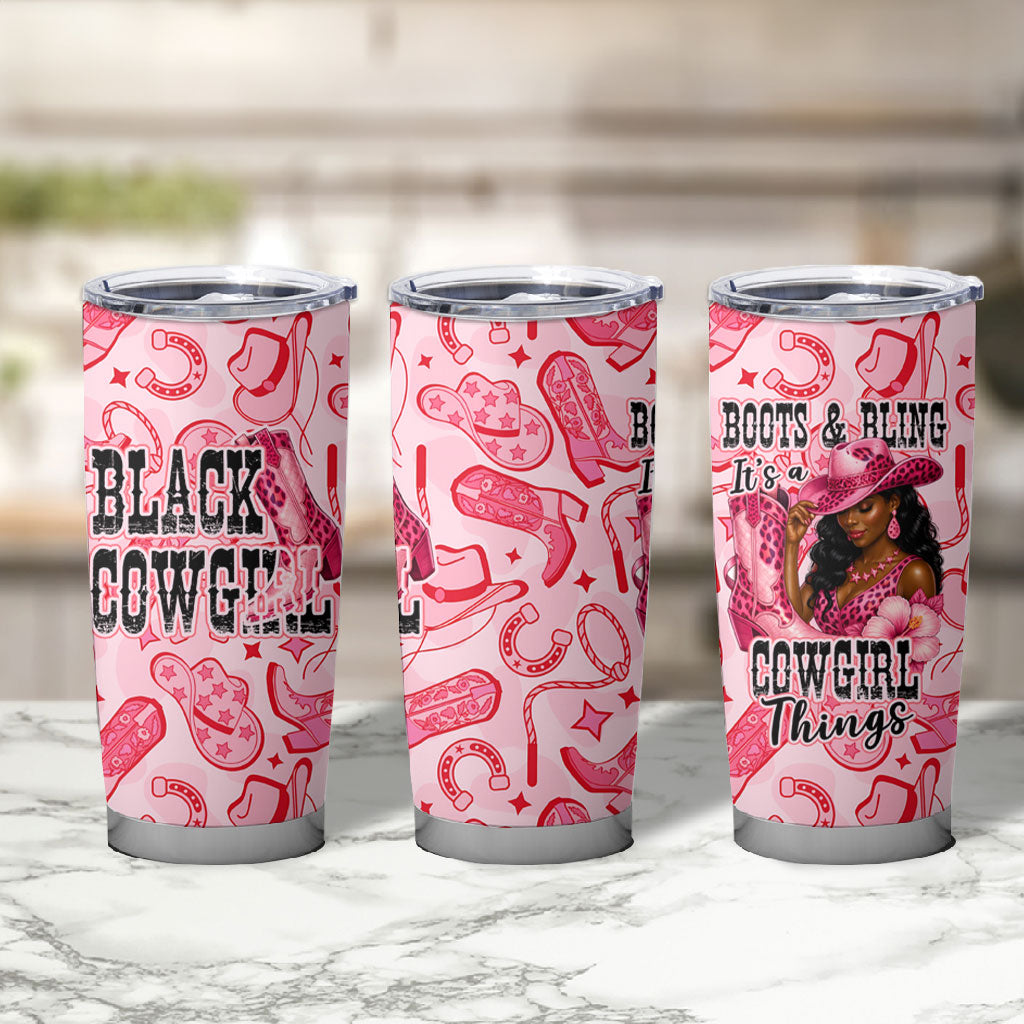 Black Cowgirl Tumbler Cup Boots And Bling - Pink Leopard Western Diva Melanin
