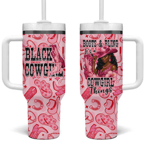 Black Cowgirl Tumbler With Handle Boots And Bling - Pink Leopard Western Diva Melanin