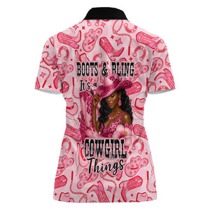 Black Cowgirl Women Polo Shirt Boots And Bling - Pink Leopard Western Diva Melanin