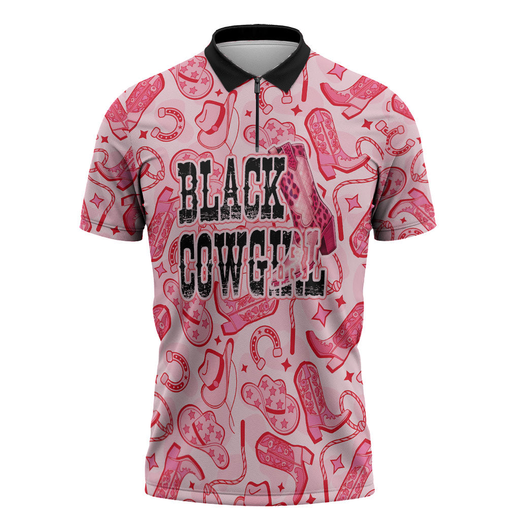 Black Cowgirl Zipper Polo Shirt Boots And Bling - Pink Leopard Western Diva Melanin