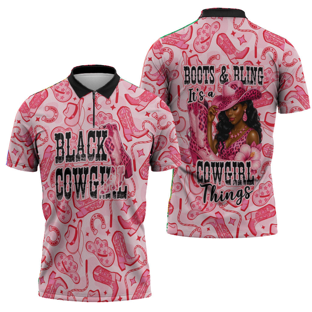 Black Cowgirl Zipper Polo Shirt Boots And Bling - Pink Leopard Western Diva Melanin