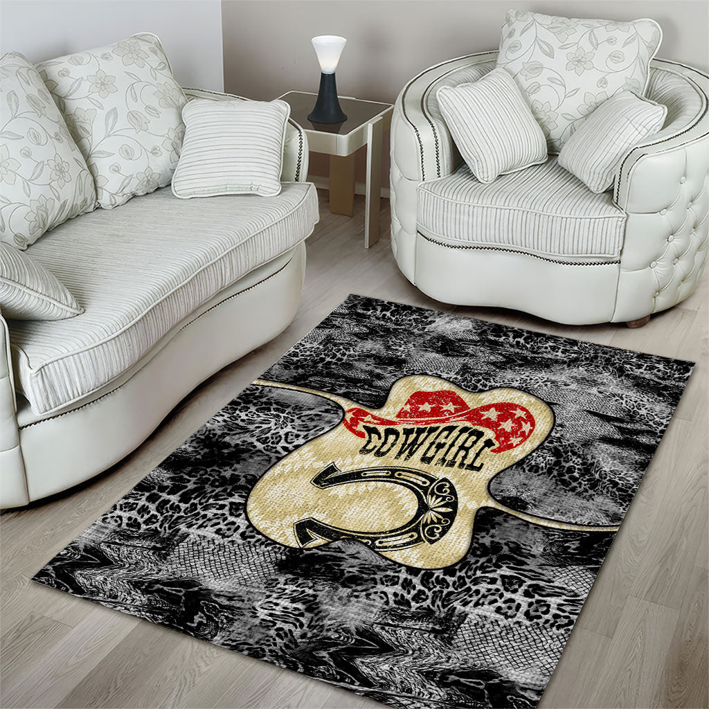 Black Cowgirl Lasso Horseshoe Area Rug Vintage Retro Leopard Animal