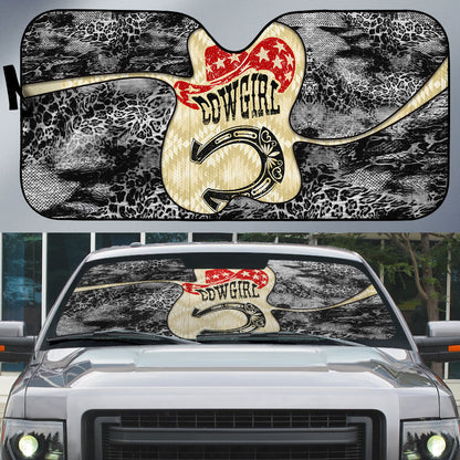 Black Cowgirl Lasso Horseshoe Auto Sun Shade Vintage Retro Leopard Animal