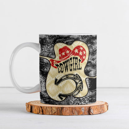 Black Cowgirl Lasso Horseshoe Ceramic Mug Vintage Retro Leopard Animal