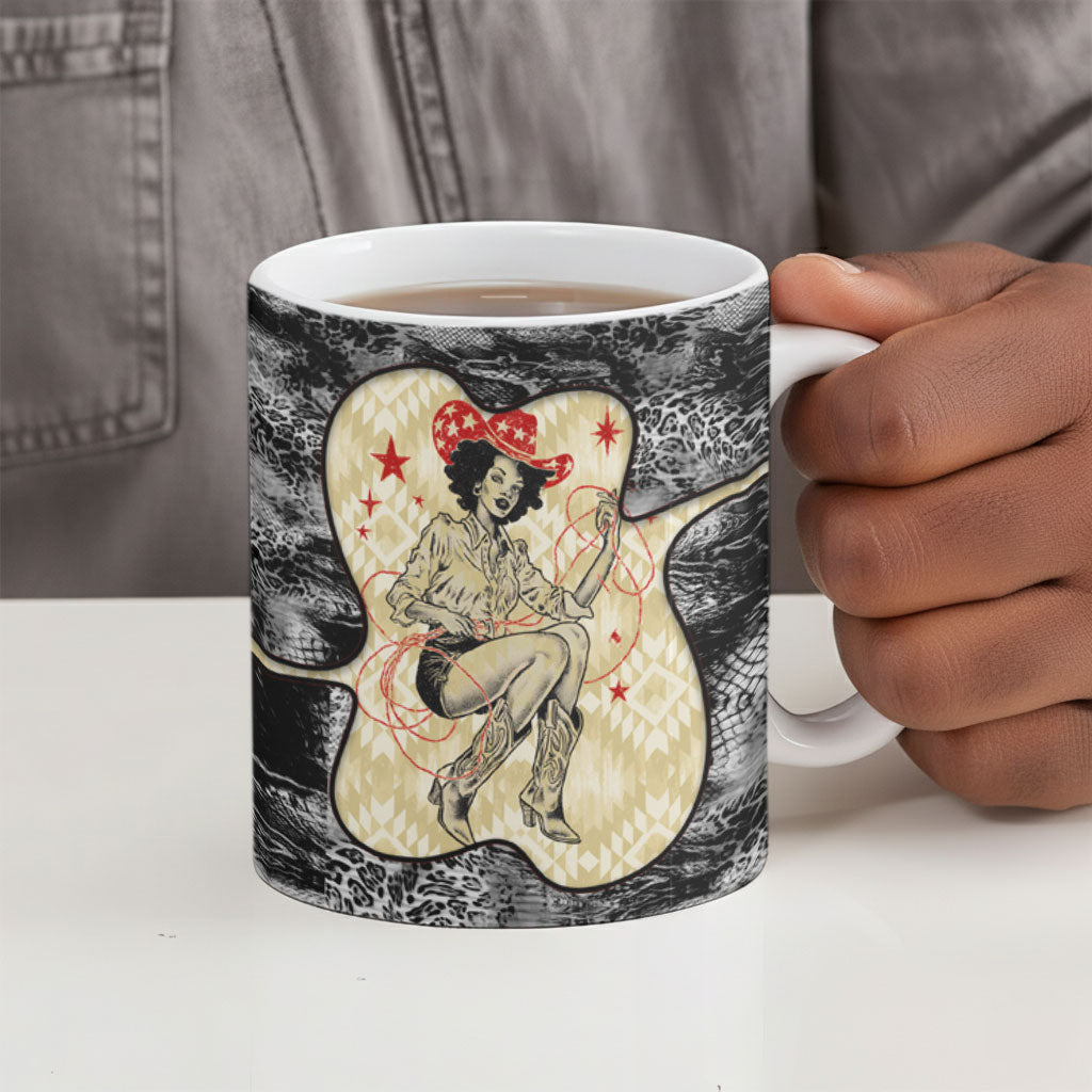 Black Cowgirl Lasso Horseshoe Ceramic Mug Vintage Retro Leopard Animal