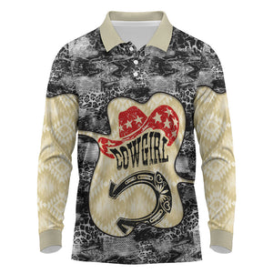 Black Cowgirl Lasso Horseshoe Long Sleeve Polo Shirt Vintage Retro Leopard Animal
