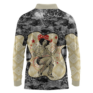 Black Cowgirl Lasso Horseshoe Long Sleeve Polo Shirt Vintage Retro Leopard Animal