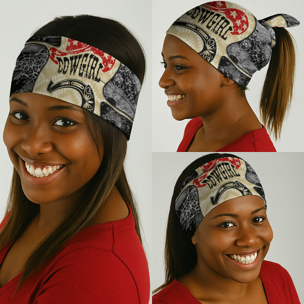 Black Cowgirl Lasso Horseshoe Neck Gaiter Vintage Retro Leopard Animal
