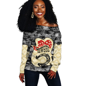 Black Cowgirl Lasso Horseshoe Off Shoulder Sweater Vintage Retro Leopard Animal