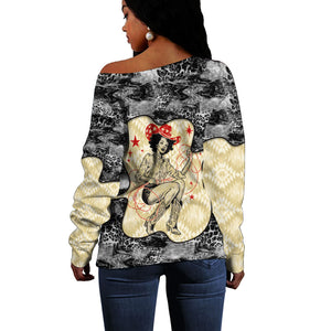 Black Cowgirl Lasso Horseshoe Off Shoulder Sweater Vintage Retro Leopard Animal
