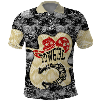 Black Cowgirl Lasso Horseshoe Polo Shirt Vintage Retro Leopard Animal