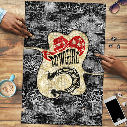 Black Cowgirl Lasso Horseshoe Puzzle Vintage Retro Leopard Animal