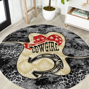 Black Cowgirl Lasso Horseshoe Round Carpet Vintage Retro Leopard Animal