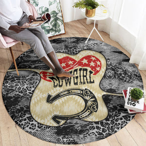 Black Cowgirl Lasso Horseshoe Round Carpet Vintage Retro Leopard Animal