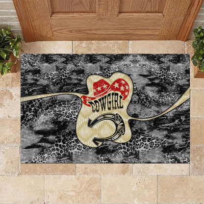 Black Cowgirl Lasso Horseshoe Rubber Doormat Vintage Retro Leopard Animal