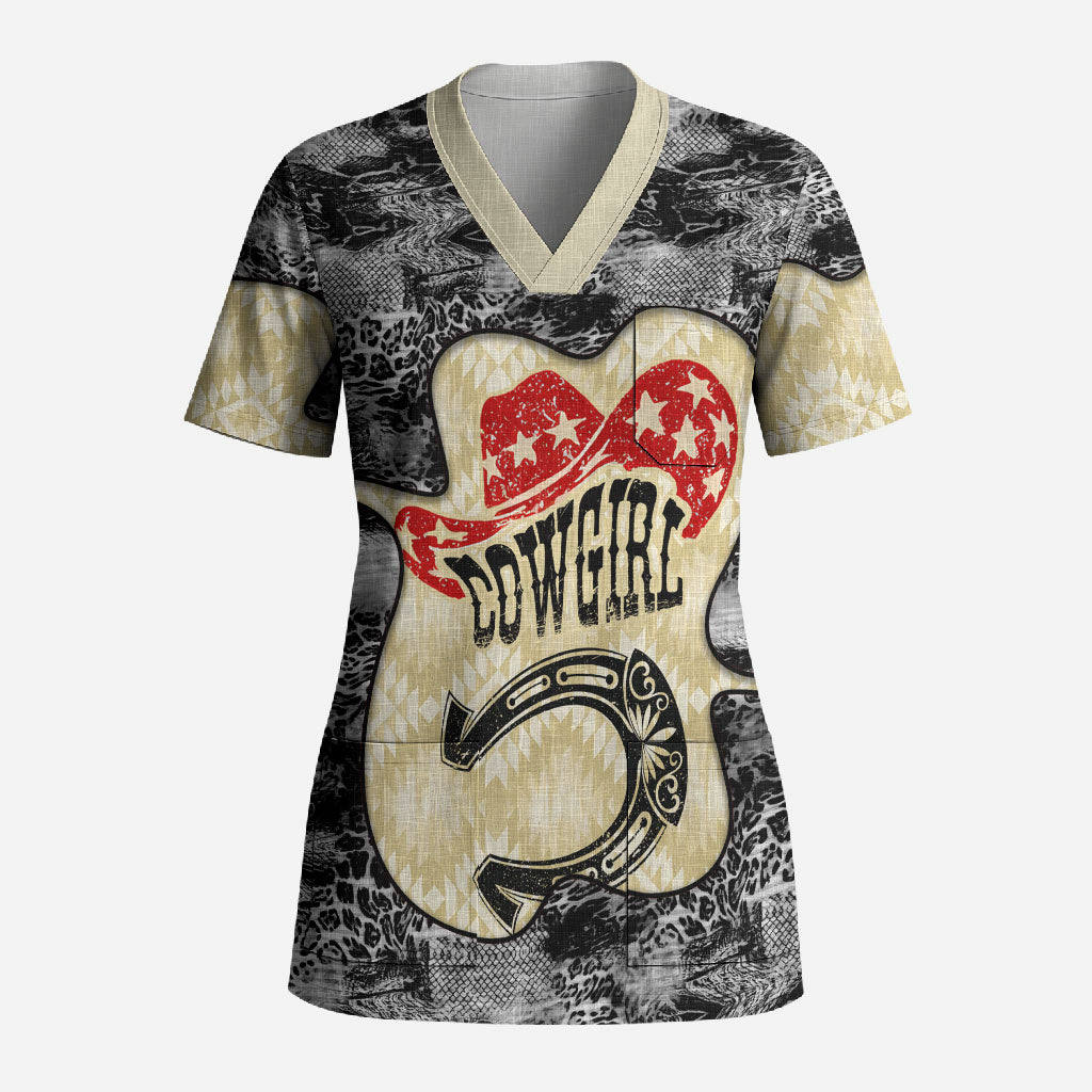 Black Cowgirl Lasso Horseshoe Scrub Top Vintage Retro Leopard Animal