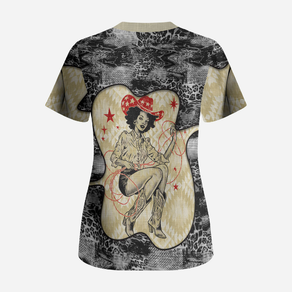 Black Cowgirl Lasso Horseshoe Scrub Top Vintage Retro Leopard Animal