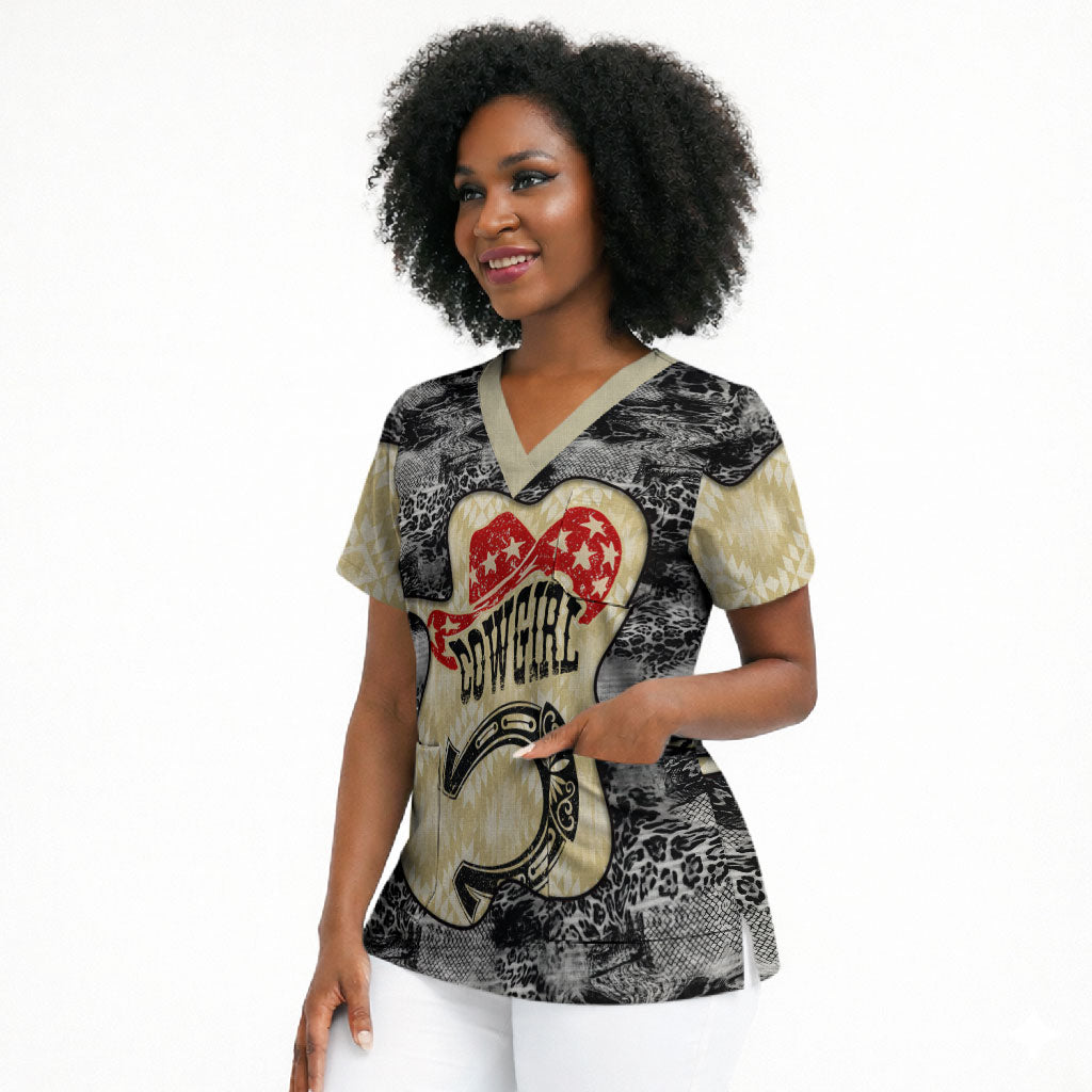 Black Cowgirl Lasso Horseshoe Scrub Top Vintage Retro Leopard Animal