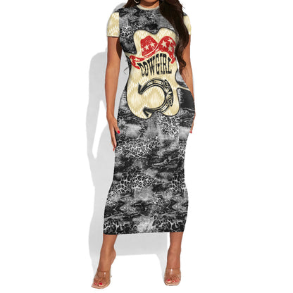 Black Cowgirl Lasso Horseshoe Short Sleeve Bodycon Dress Vintage Retro Leopard Animal