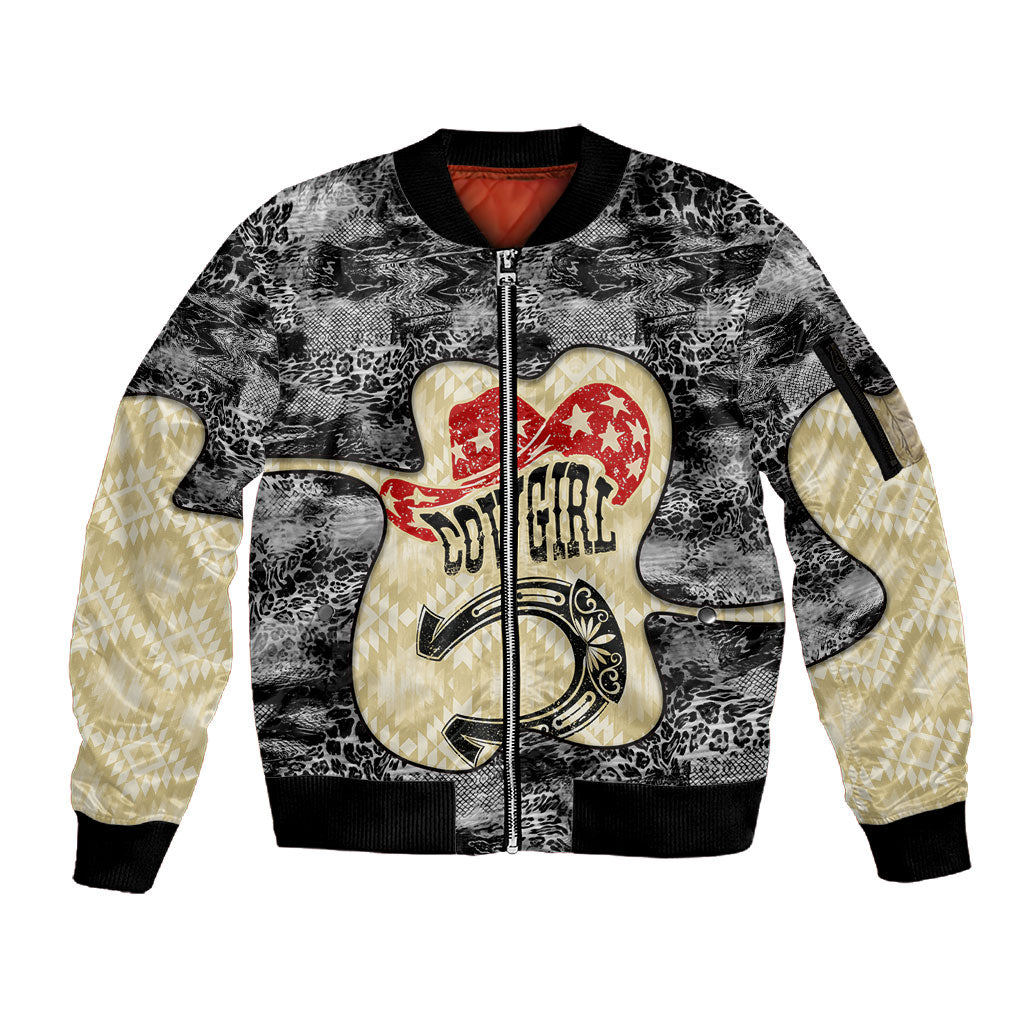 Black Cowgirl Lasso Horseshoe Sleeve Zip Bomber Jacket Vintage Retro Leopard Animal