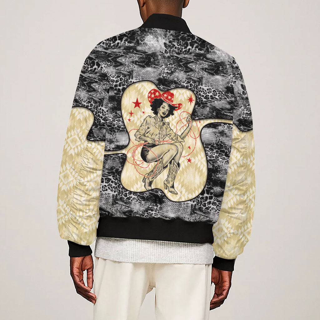 Black Cowgirl Lasso Horseshoe Sleeve Zip Bomber Jacket Vintage Retro Leopard Animal