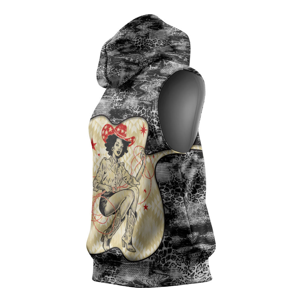 Black Cowgirl Lasso Horseshoe Sleeveless Hoodie Vintage Retro Leopard Animal