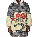 Black Cowgirl Lasso Horseshoe Wearable Blanket Hoodie Vintage Retro Leopard Animal