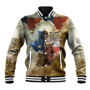 Bill Pickett Texas Flag Baseball Jacket Black Cowboy - Vintage Grunge Watercolor - Horseback Rider Heritage