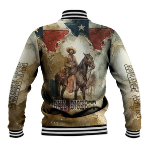 Bill Pickett Texas Flag Baseball Jacket Black Cowboy - Vintage Grunge Watercolor - Horseback Rider Heritage