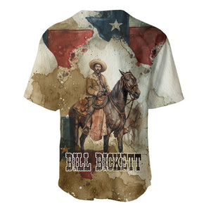 Bill Pickett Texas Flag Baseball Jersey Black Cowboy - Vintage Grunge Watercolor - Horseback Rider Heritage