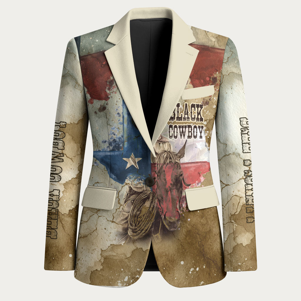 Bill Pickett Texas Flag Blazer Black Cowboy - Vintage Grunge Watercolor - Horseback Rider Heritage