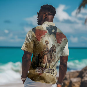 Bill Pickett Texas Flag Hawaiian Shirt Black Cowboy - Vintage Grunge Watercolor - Horseback Rider Heritage
